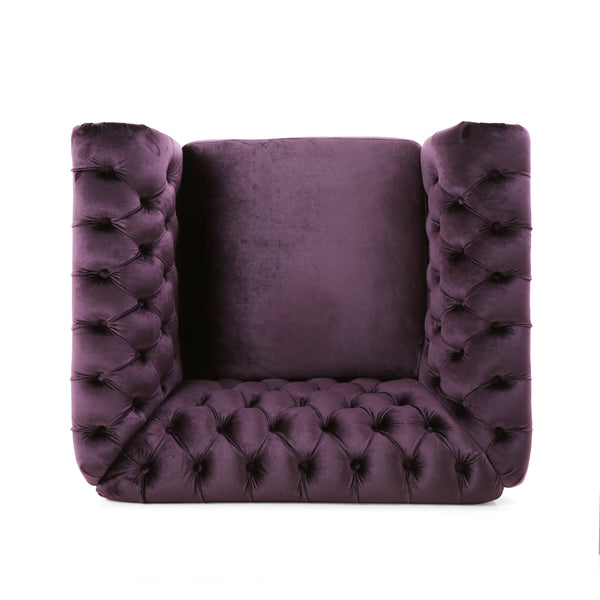 English Elm Christopher Knight Home® - Chesterfield Velvet Club Chair with Birch Wood Legs — Luxurious Textures, Deep Comfort, Elegant Accent Seating Dark Purple 34.75 L x 34 W x 24.75 H 66583.00BLKBRY