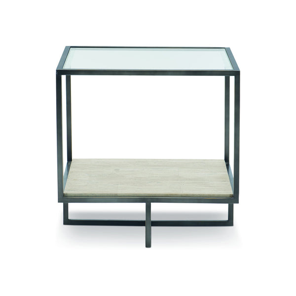 Bernhardt Bernhardt Harlow End Table With Tempered Glass Top & Travertine Shelf, Oil-Rubbed Bronze Metal Frame (24") 514121