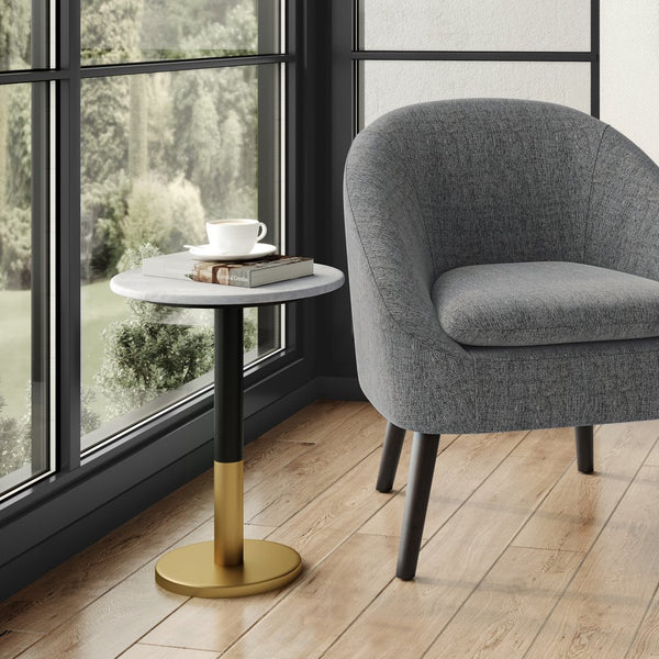 English Elm Evans White Marble Side Table with Black & Gold Iron Pedestal — Handcrafted Modern Accent (98) B136P159931