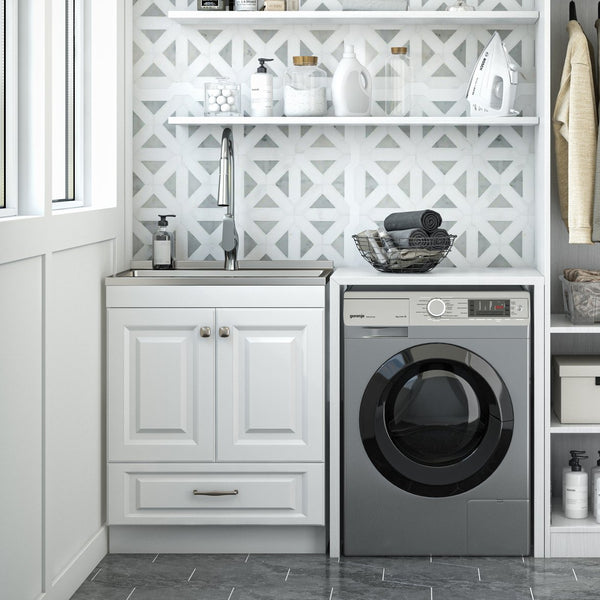 English Elm Lawrence 28" Laundry Cabinet With Stainless Steel Sink & Faucet - Stylish Storage For Utility Spaces B136P158803