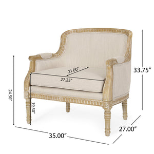 English Elm Christopher Knight Home® - CLUB Chair with French Country Carved Accents, Upholstered Comfort, Weathered Rubberwood Frame -Elegant beige brown 71064.00BGE