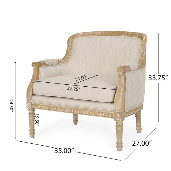 English Elm Christopher Knight Home® - CLUB Chair with French Country Carved Accents, Upholstered Comfort, Weathered Rubberwood Frame -Elegant beige brown 71064.00BGE