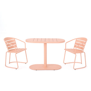 English Elm Santa Monica Outdoor Bistro Set Powder Coated Iron Oval Table Two Slat Chairs Patio Coral 62015.00CRL