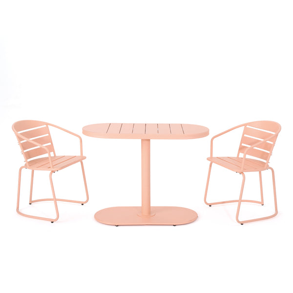 English Elm Santa Monica Outdoor Bistro Set Powder Coated Iron Oval Table Two Slat Chairs Patio Coral 62015.00CRL