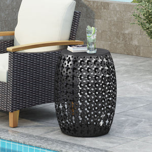 English Elm Metal Barrel End Table Powder Coated Iron Geometric Cut Indoor Outdoor Accent 73609.00BLK