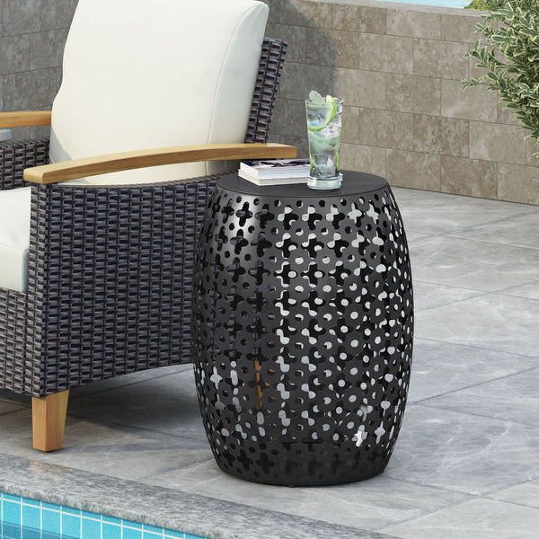 English Elm Metal Barrel End Table Powder Coated Iron Geometric Cut Indoor Outdoor Accent 73609.00BLK