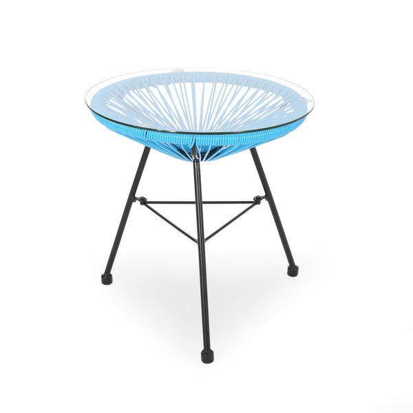 English Elm Christopher Knight Home® - NUSA Blue Side Table with Tempered Glass Top, Handcrafted Polyethylene Rattan, Modern Outdoor Accent (18") 66627.00BLU