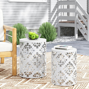 English Elm Metal Nesting End Table Set of Two with Floral Iron Cut Design for Living Room White 73604.00WHI