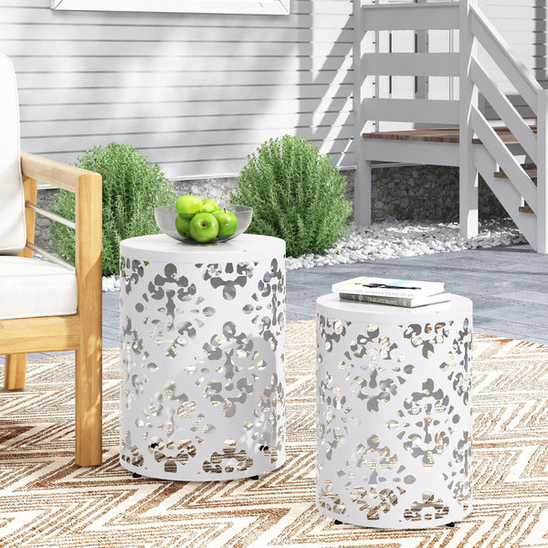 English Elm Metal Nesting End Table Set of Two with Floral Iron Cut Design for Living Room White 73604.00WHI