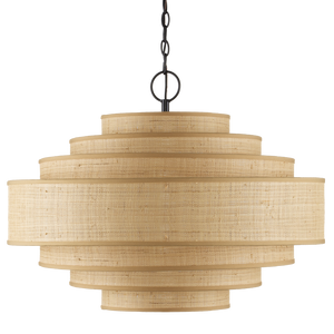 Maura Natural Chandelier - Elegant Mid-Century Modern Pendant with Grasscloth Shades & Black Frame