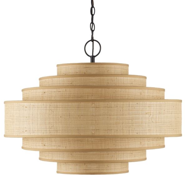 Maura Natural Chandelier - Elegant Mid-Century Modern Pendant with Grasscloth Shades & Black Frame
