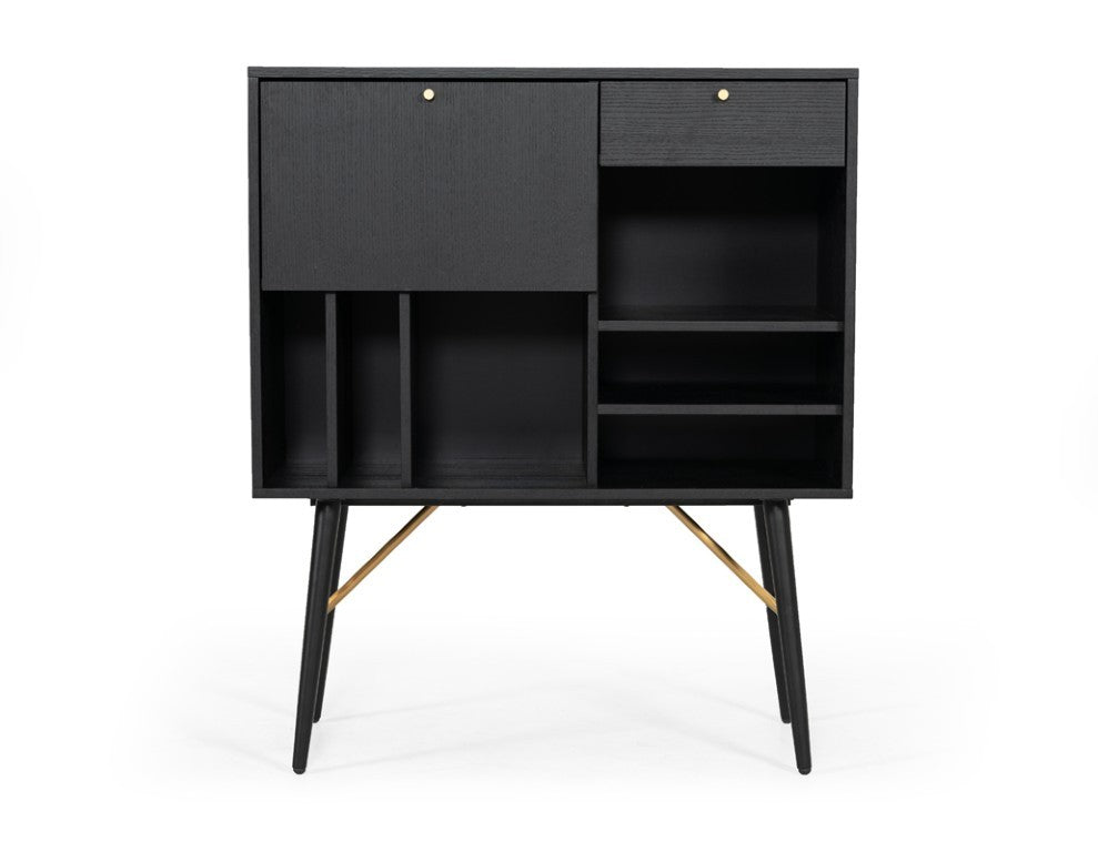VIG Furniture Billy Black Oak & Gold Tall Buffet — Modern Vertical Storage, Cabinet, Drawer & Wine Shelves, 35"W VGDWJ9584-1