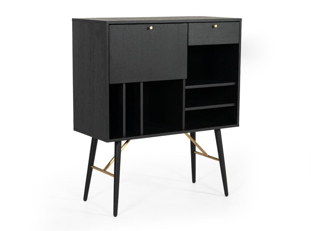 VIG Furniture Billy Black Oak & Gold Tall Buffet — Modern Vertical Storage, Cabinet, Drawer & Wine Shelves, 35"W VGDWJ9584-1
