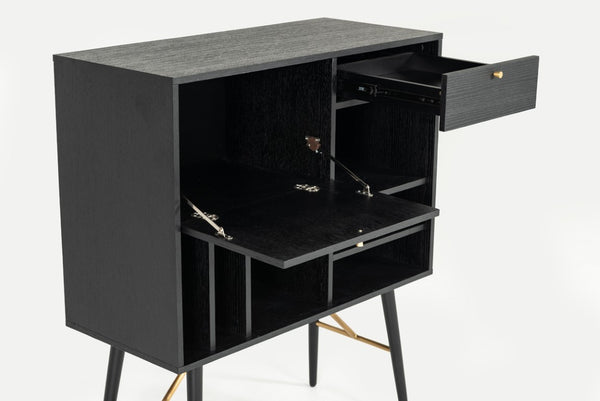 VIG Furniture Billy Black Oak & Gold Tall Buffet — Modern Vertical Storage, Cabinet, Drawer & Wine Shelves, 35"W VGDWJ9584-1