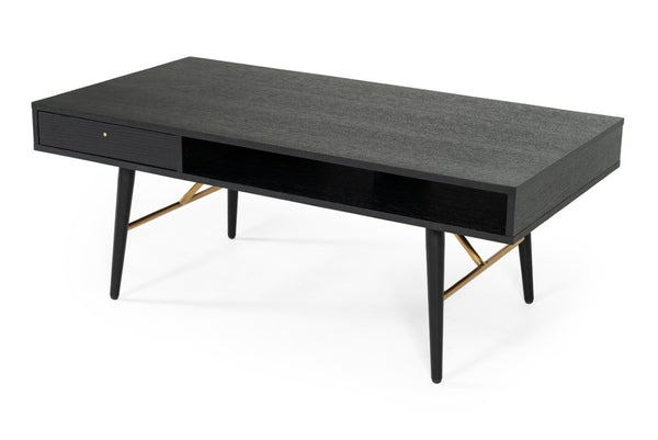 VIG Furniture Billy Modern Black Oak Coffee Table With Gold Accents, Drawer & Open Storage, 43" X 24" X 18" VGDWJ5705