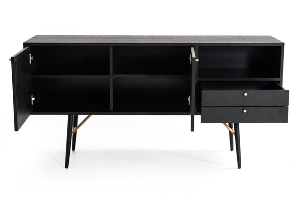 VIG Furniture Billy Modern Black Oak & Gold Buffet — Sleek 63" Storage Console With Drawers, Cabinet, Open Shelf, Luxe Accents VGDWJ9580-1