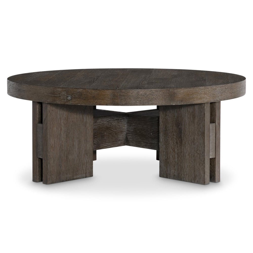 Bernhardt Bernhardt Outline Round Cocktail Table With Wire‑Brushed Oak Cassel Finish, Sculptural Arts & Crafts Elegance 360010