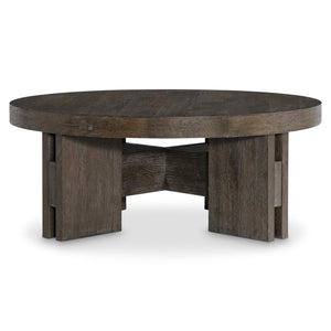 Bernhardt Bernhardt Outline Round Cocktail Table With Wire‑Brushed Oak Cassel Finish, Sculptural Arts & Crafts Elegance 360010