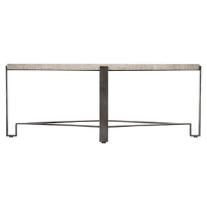 Bernhardt Bernhardt Oval Travertine Cocktail Table With Chiseled Edge And Oil‑Rubbed Bronze Geometric Base — Transitional Centerpiece (48.13"W X 28.19"D X 18.75"H) 414013