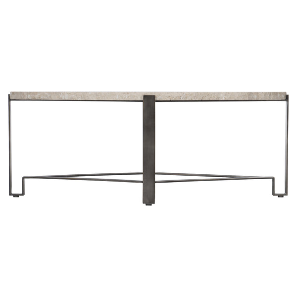 Bernhardt Bernhardt Oval Travertine Cocktail Table With Chiseled Edge And Oil‑Rubbed Bronze Geometric Base — Transitional Centerpiece (48.13"W X 28.19"D X 18.75"H) 414013