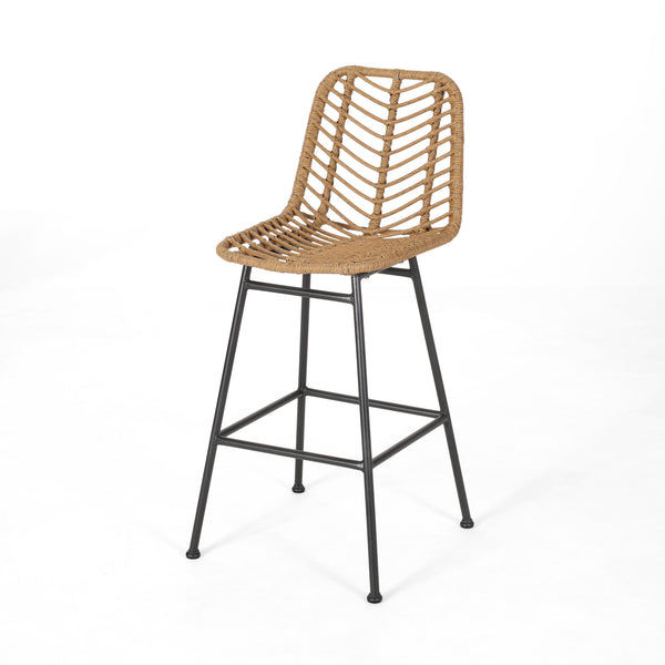 English Elm Christopher Knight Home® - Sawtelle Hand-Wrapped Faux Rattan Barstools Set of 2 — Metal Frame, Modern Minimal Outdoor Chic Light Brown 65481.00LBRN