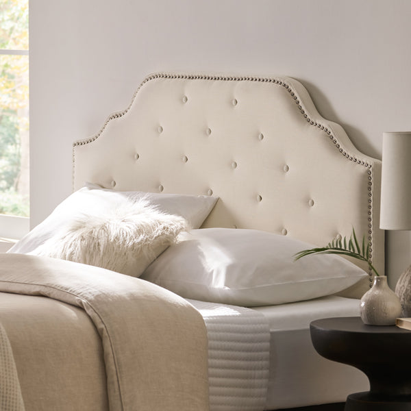 English Elm Tufted Queen Headboard with Nailhead Trim Solid Wood Frame and Adjustable Metal Legs Ivory 57877.00IVY