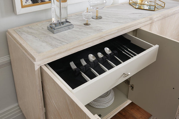 Hooker Furniture Nouveau Sandstone Buffet With Venting & Integrated Power, Soft-Close Doors, Felt Tray Storage Elegance 6500-75900-80