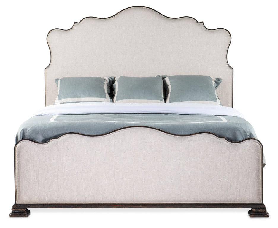 Hooker Furniture Charleston California King Upholstered Bed With Chateau Linen, Black Cherry Trim, Scalloped Heirloom Style 88.00 L x 81.50W x 70.00H 6750-90866-97