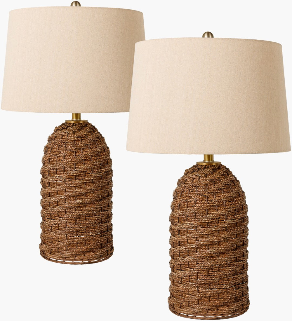 Surya Baja Stylish 27" Accent Table Lamp Set - Unique Cottage-style Design With Beige Linen Shades Body, Brown,Shade (Outside), Beige,Shade (Inside), White,Finial, Black,Harp, Metallic ,Nickel,Cord, Black Paper,Linen,Polyester,Iron Bja001-set
