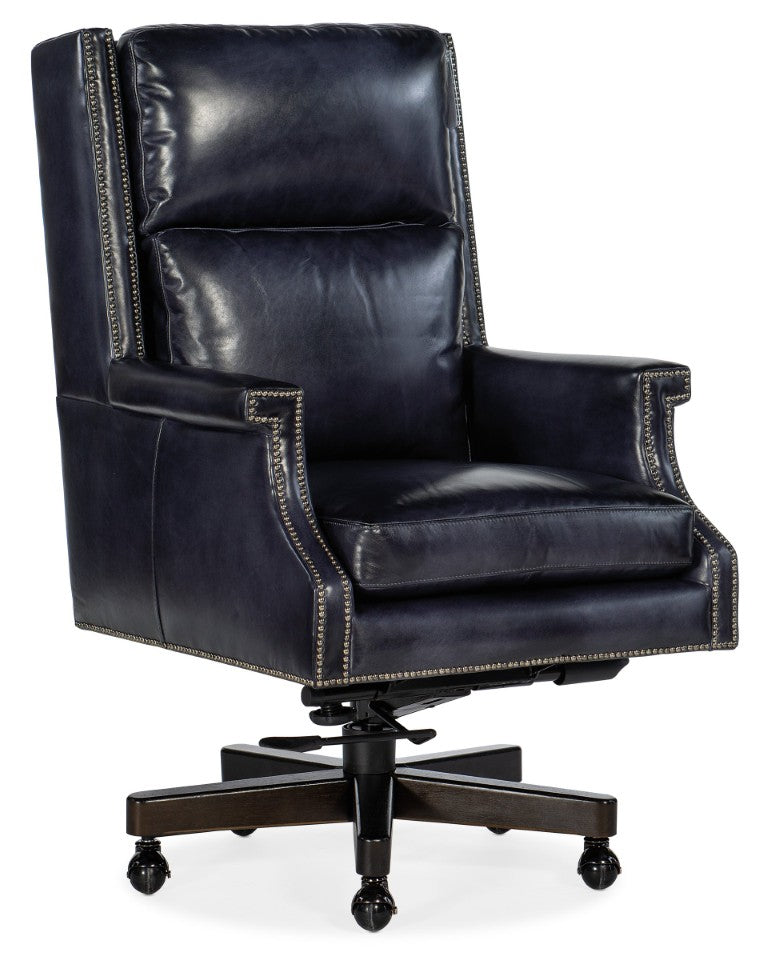 Hooker Furniture Beckett Executive Swivel Tilt Chair In Aniline Top-Grain Leather With Wood-Capped Base, Ergonomic Comfort Dark Blue EC562-C7-048