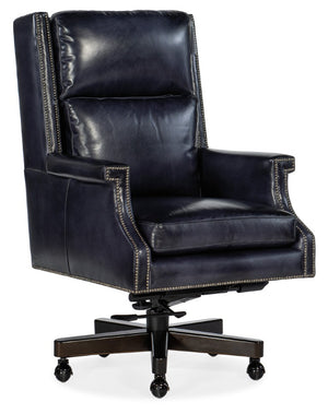 Hooker Furniture Beckett Executive Swivel Tilt Chair In Aniline Top-Grain Leather With Wood-Capped Base, Ergonomic Comfort Dark Blue EC562-C7-048