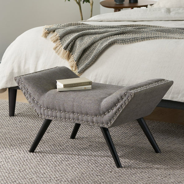 English Elm Christopher Knight Home® - Modern Button Tufted Sitting Bench with Nailhead Trim and Birch Wood Legs — Upholstered Accent Ottoman for Entryway or Living Room Seating Grey 54753.00GRA