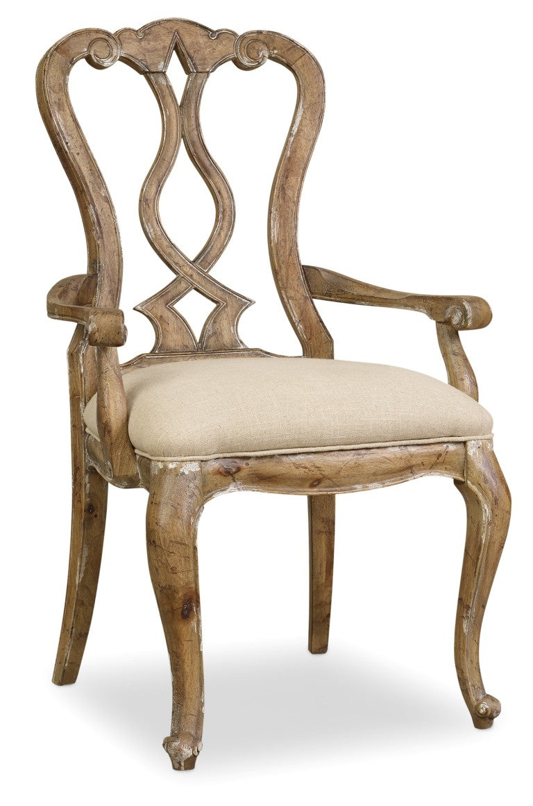 Hooker Furniture Chatelet Splatback Arm Chair With Caramel Froth Finish, Upholstered Linen Seat & Distressed Heirloom Charm Light Brown 5300-75400