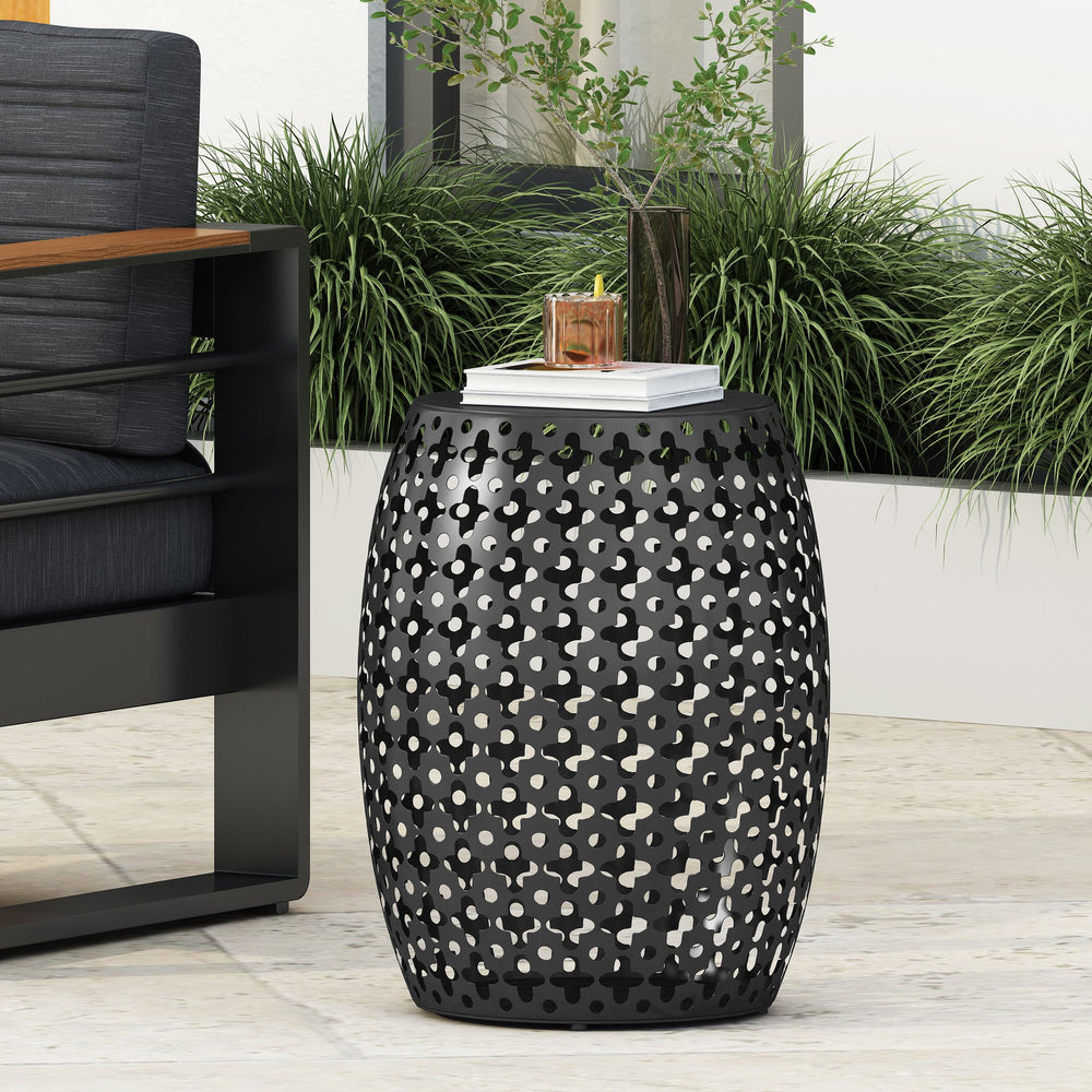 English Elm Metal Barrel End Table Powder Coated Iron Geometric Cut Indoor Outdoor Accent 73609.00BLK