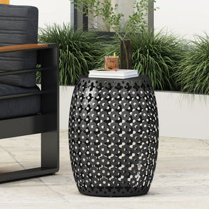 English Elm Metal Barrel End Table Powder Coated Iron Geometric Cut Indoor Outdoor Accent 73609.00BLK