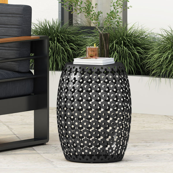 English Elm Metal Barrel End Table Powder Coated Iron Geometric Cut Indoor Outdoor Accent 73609.00BLK