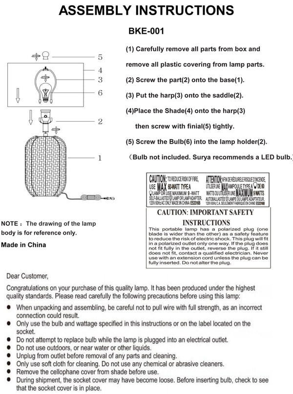 Surya Beke Accent Table Lamp - 27" Rustic Rattan & Metal Design, Cozy Cotton Shade For Home Décor Body, Wheat Rattan,Iron,Cotton,Iron Bke-001