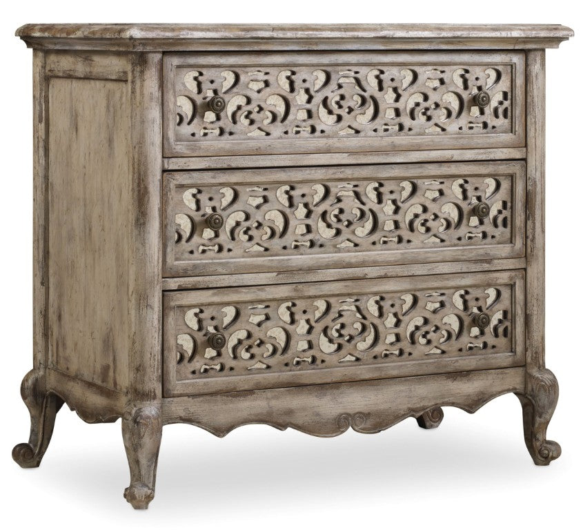 Hooker Furniture Chatelet Romantic Fretwork Nightstand With Antique Mirror, Distressed Paris Finish, 3 Wallpaper-Lined Drawers And Built-In Outlet 5350-90016