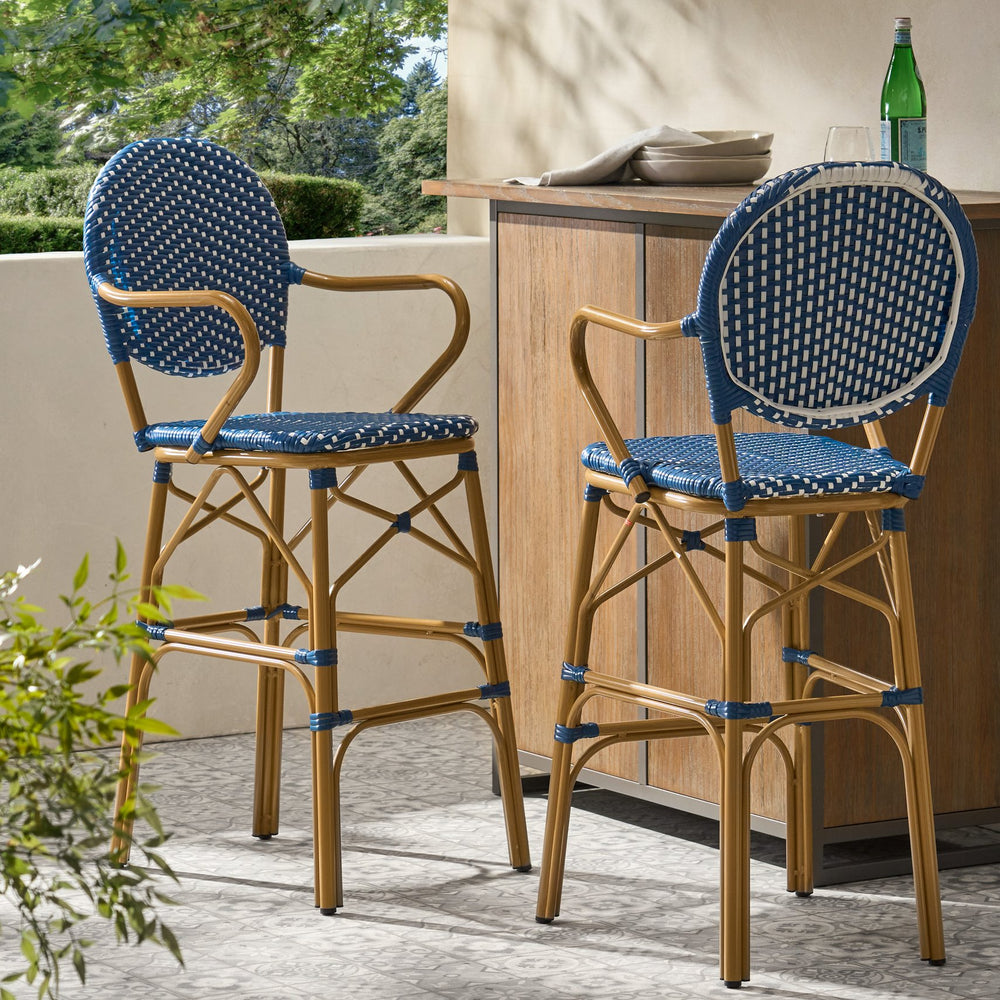 English Elm Outdoor Bistro Wicker Barstools Set of 2 Rust Resistant Aluminum Patio Bar Seating 72605.00