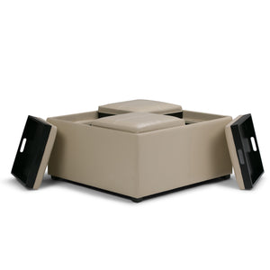 English Elm Avalon Square Storage Ottoman - Versatile Satin Cream Coffee Table With Hidden Compartment & Trays B136P159747