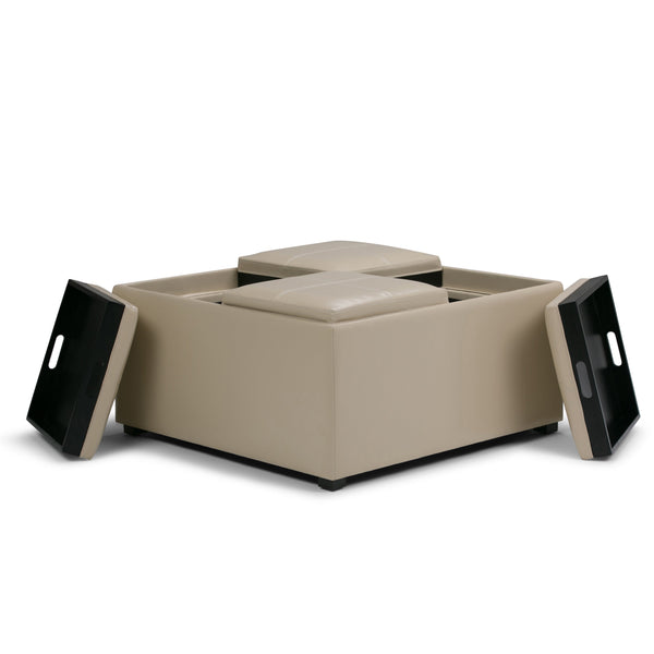English Elm Avalon Square Storage Ottoman - Versatile Satin Cream Coffee Table With Hidden Compartment & Trays B136P159747