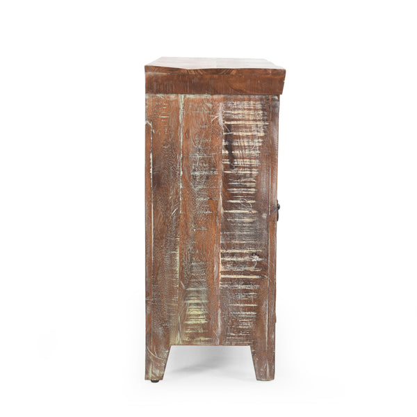 English Elm Christopher Knight Home® - Wd. Recycled Cabinet - Handcrafted Mango Wood Slatted Boho Storage Cabinet with Distressed Finish, Crescent Handles 66629.00