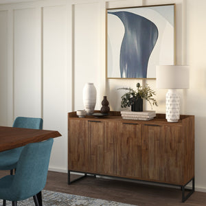 English Elm Milverton Solid Acacia Sideboard Buffet with Matte Black Metal Frame, Rustic Aged Brown Finish, Spacious Storage B136P158944