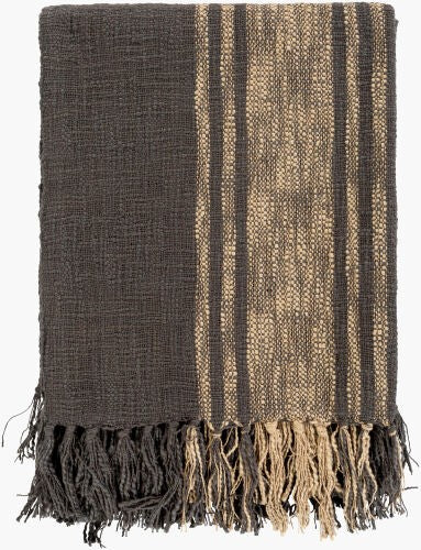 Surya Bramble Rustic 100% Cotton Hand-woven Throw Blanket - Cozy Cottage Style 50"W X 60"L, Fringe Detail Charcoal Cotton Ble1000-5060