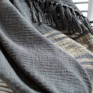 Surya Bramble Rustic 100% Cotton Hand-woven Throw Blanket - Cozy Cottage Style 50"W X 60"L, Fringe Detail Charcoal Cotton Ble1000-5060