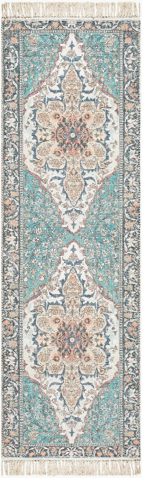 Livabliss Belfast Hand-loomed Artisan Accent Rug Cotton Blend Low Pile Fringe Entryway Decor Teal, Ivory 2'6" x 8' BLF2302-268