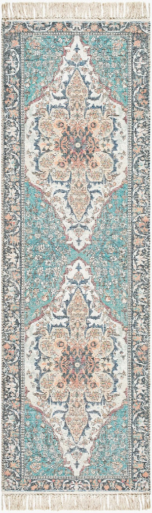 Livabliss Belfast Hand-loomed Artisan Accent Rug Cotton Blend Low Pile Fringe Entryway Decor Teal, Ivory 2'6" x 8' BLF2302-268