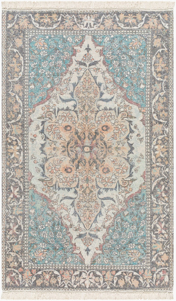 Livabliss Belfast Hand-loomed Artisan Accent Rug Cotton Blend Low Pile Fringe Entryway Decor Teal, Ivory 27" x 45" BLF2302-2745