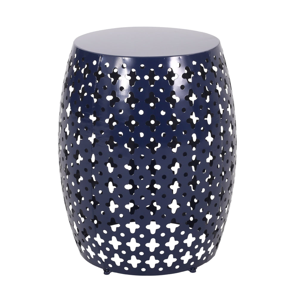 English Elm Metal Barrel End Table Powder Coated Iron Geometric Cut Indoor Outdoor Accent 73609.00NBLU