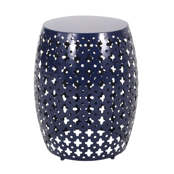 English Elm Metal Barrel End Table Powder Coated Iron Geometric Cut Indoor Outdoor Accent 73609.00NBLU